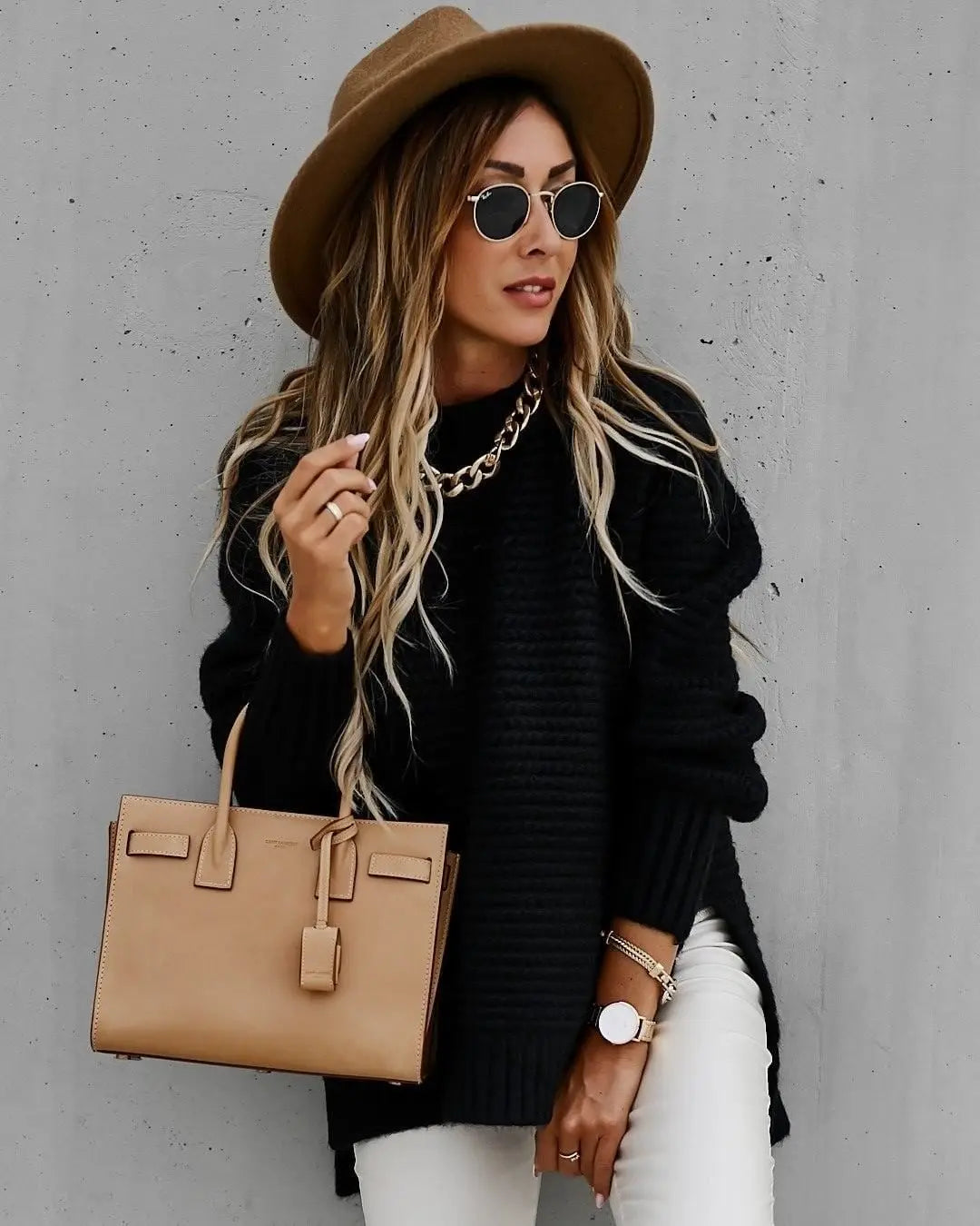 Knit Sweaters Women Half High Collar Full Sleeve Thick Splice Jumpers Solid Casual Split Pullovers Office Lady Elegant 2024