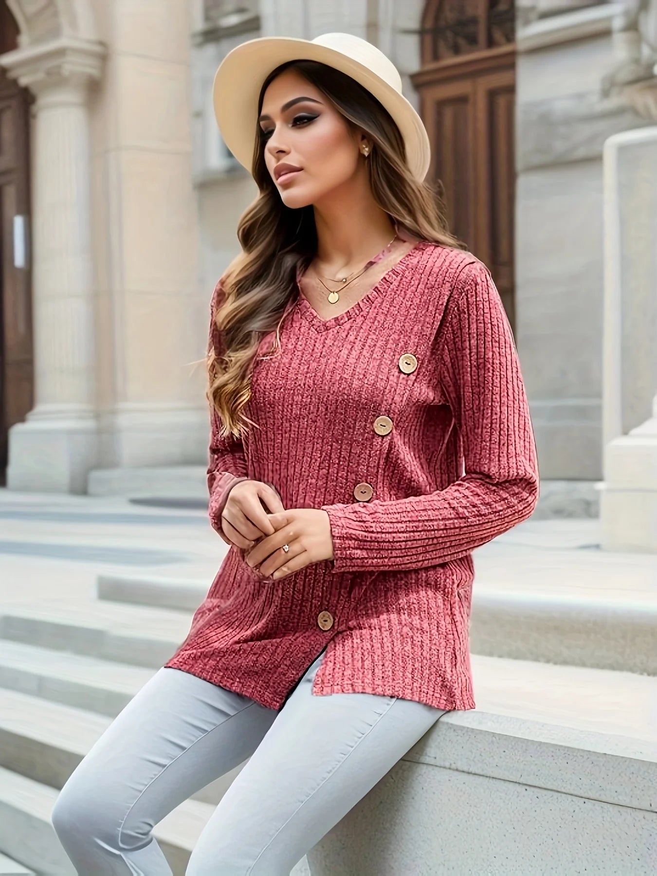 Sweaters for Women Dressy Long Sleeve Tunic Tops Casual Side Split V Neck Shirts Work Office Blouses 2025 Fall Outfits