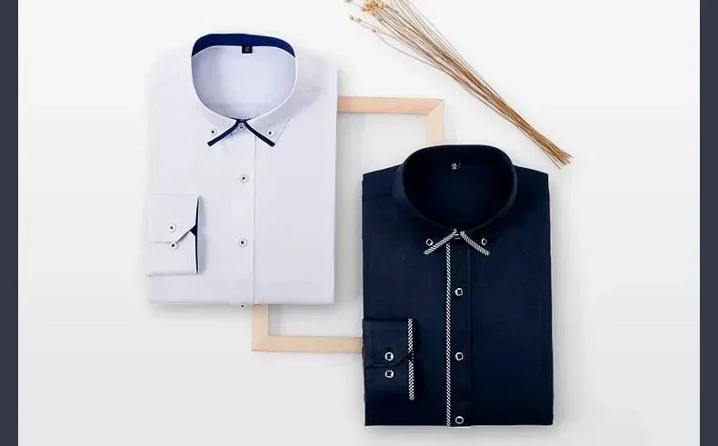 Spring and Autumn Men Dress Shirt Long Sleeve Trim Business Casual Solid Color Shirt Slim Fit White Base Layer Shirt for Male