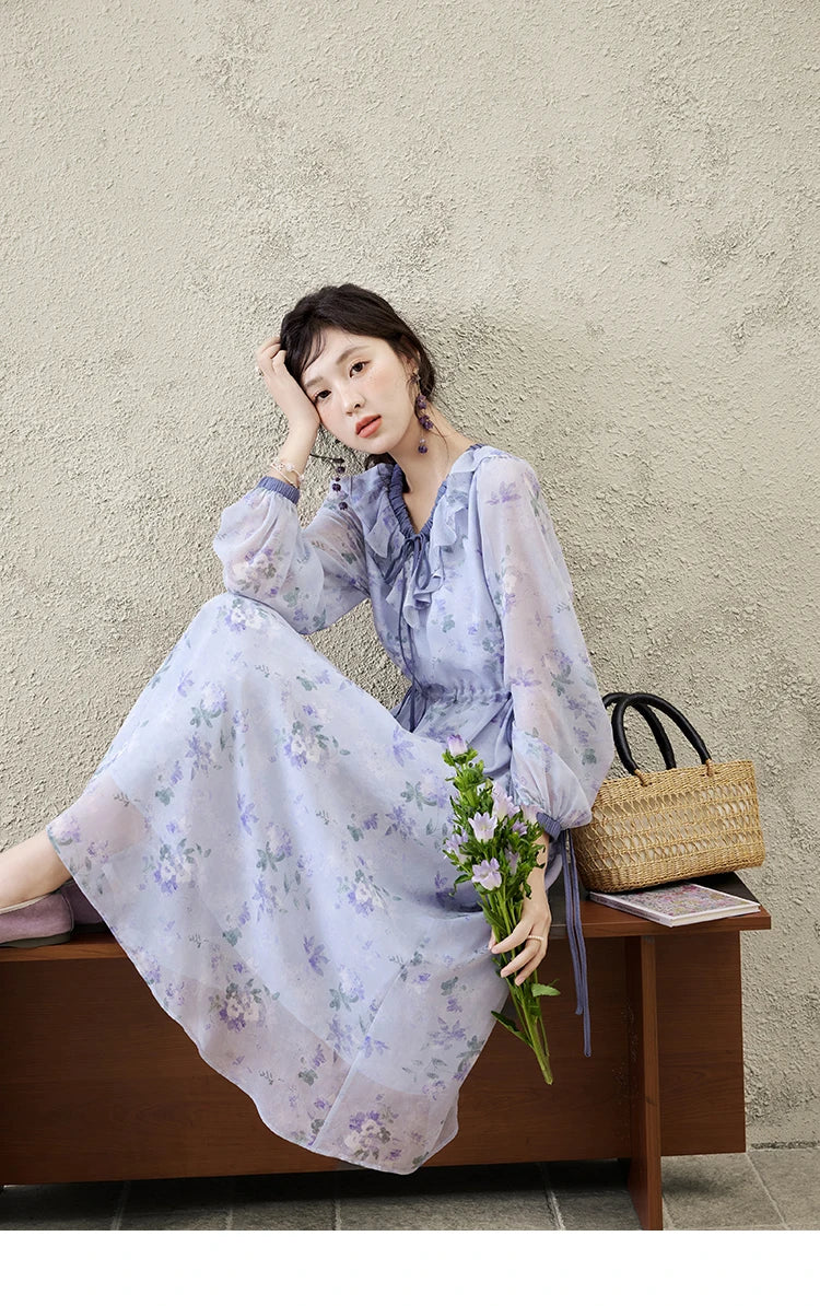 MISHOW Print Spring Summer Dress for Women New 2025 Ruffled V-neck Long Sleeve Blue French Dresses Female Fashion MXE15L2139