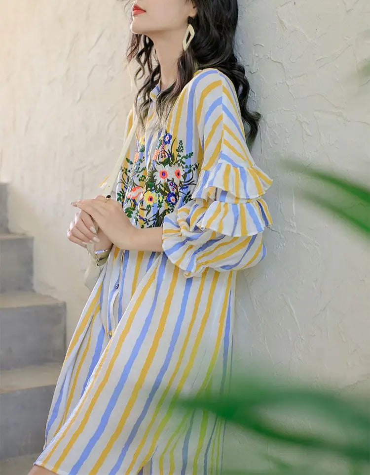 Spring Summer Floral Embroidery Dresses Contrasting Colors Striped Female Single-breasted Ruffles Spliced Straight Midi Dress