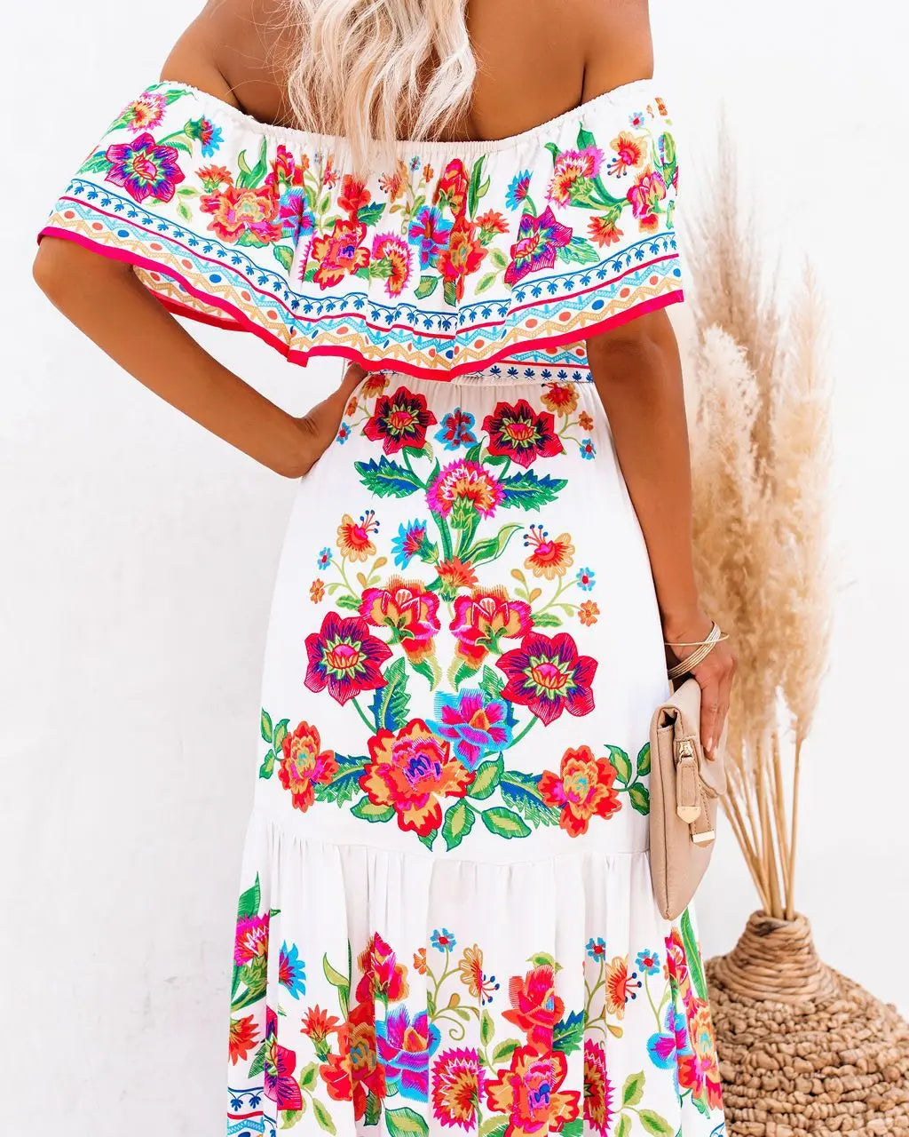 2024 Spring Summer Women's New Sexy One Shoulder Off Shoulder Fashion Red Flower Printed Lace Up Waist Long Swing Dress