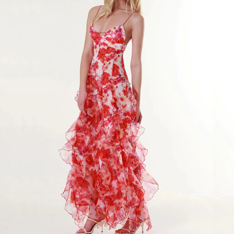 Spring Summer Floral Print Slim Chiffon Dress Female Fashion V Neck Ruffle Long Dress Elegant Sleeveless Party Dresses Vestidos