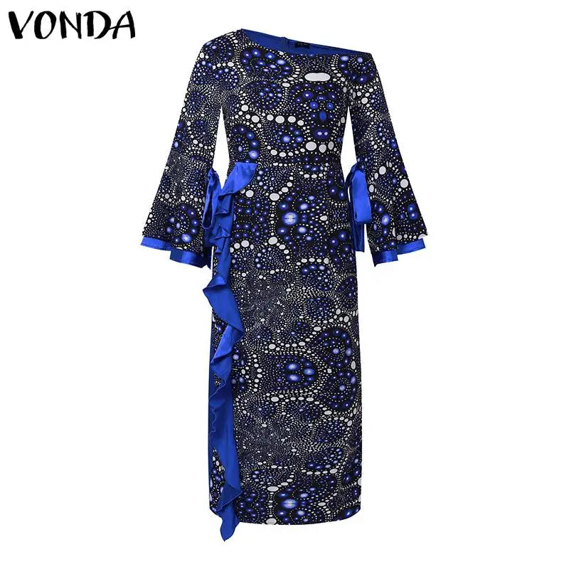 Plus Size 5XL VONDA Women One Off Sholuder Maxi Dress Bohemian Ruffled Printed Vestidos 2024 Fashion Casual Floor-Length Robe