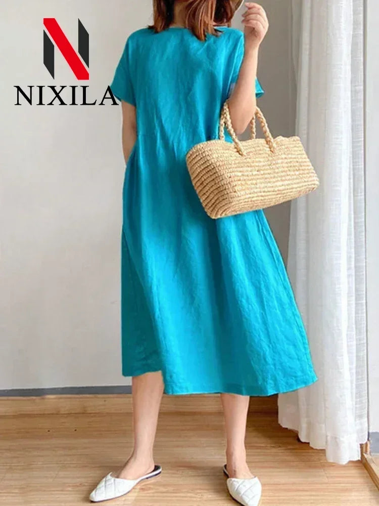 New in Spring Summer Women's Dress Elegant Casual Loose Short Sleeve Tops A-LINE Oversize Solid Midi Dresses for Women Clothing