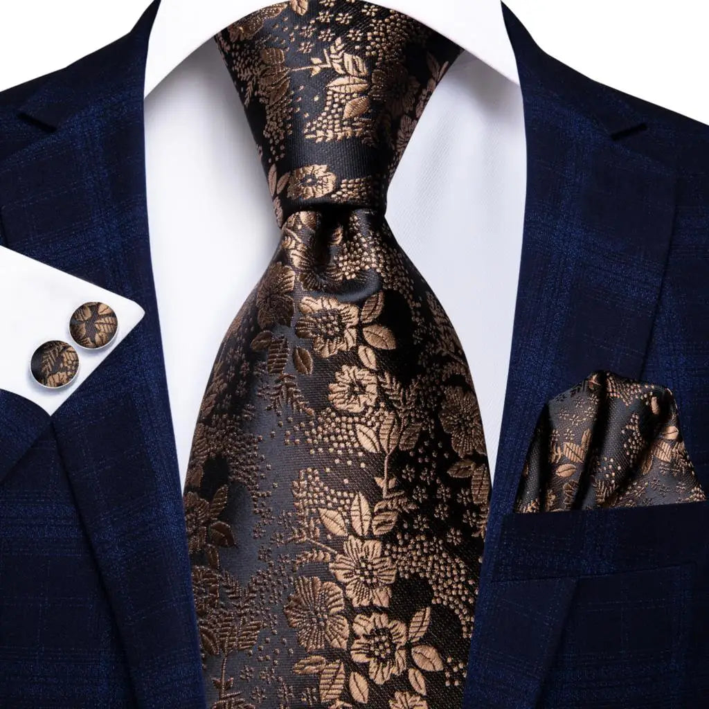 Hi-Tie Paisley Brown Tie For Men Elegant Mens Necktie Pocket Square Cufflink Groom Wedding Accessory Wholesale New Designer