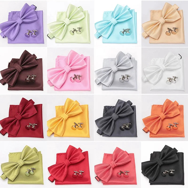 Multicolor Bowtie Pocket Square Cufflinks Sets Classic Solid Color Bowtie Wedding Party Formal Gift Plaids Adjust Neck Bow Tie