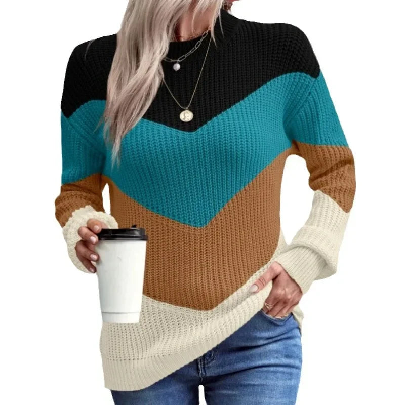 Knit Sweaters Women Jumpers Striped Print Round Neck Streetwear Pullover Top Casual Long Sleeve Warm Sweater Autumn Winter