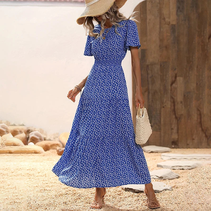 Spring Summer Tierred Dress Women Midi Dresses Female Short Sleeve Elastic Waist Printed Floral Pleated Backless Casual Dress