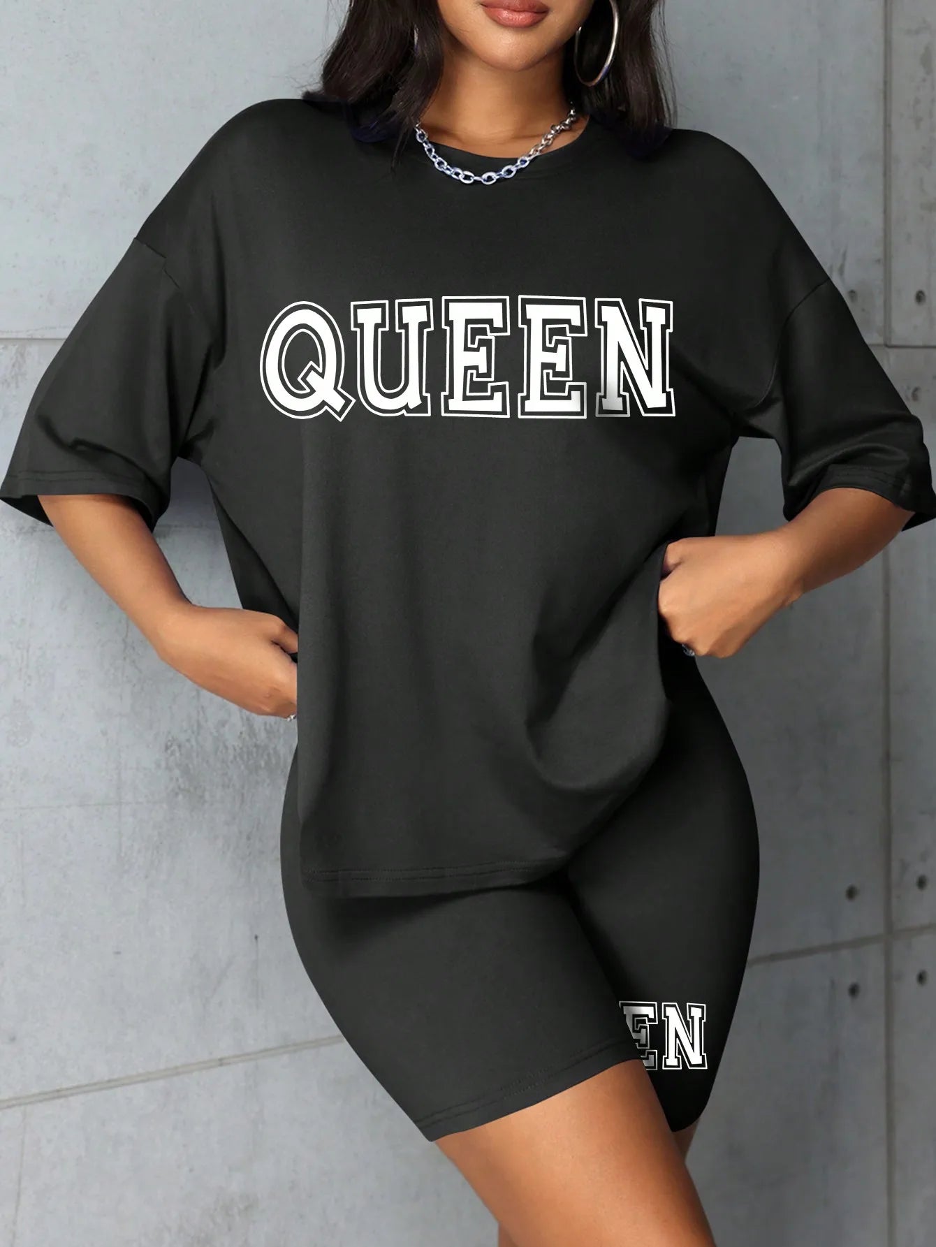 Plus size fashionable all-match shorts short-sleeved suit queen letter print simple and comfortable two-piece suit 2024 New