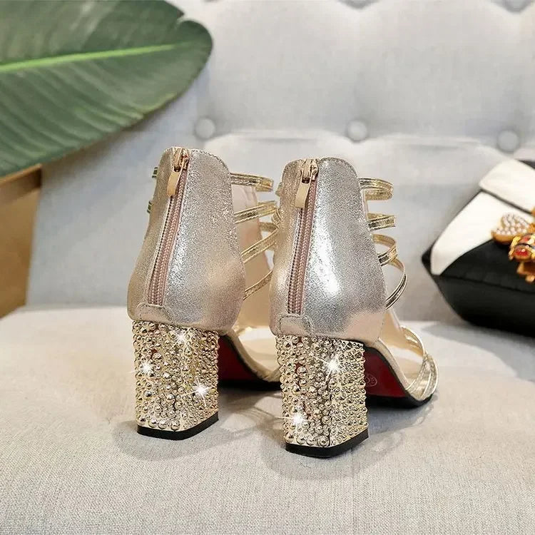 Silver Gold Sandals Peep Toe Chunky Heels New Women Wedding Shoes Ankle Boots Sandal Open Toe High Heels Dress Gold Bling Pump