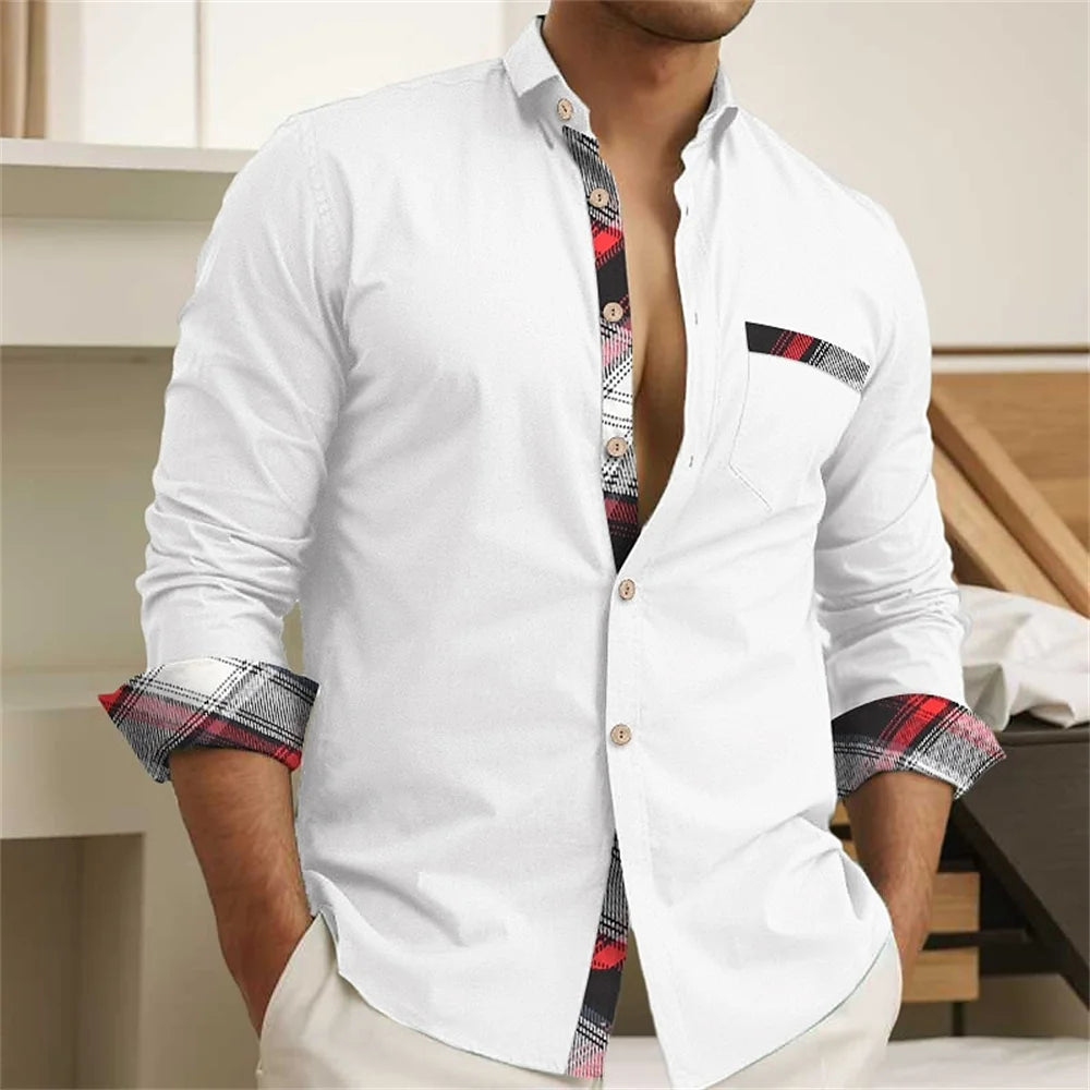 Men's button up shirt, black and white solid color, long sleeved striped cuffs, lapel collar, daily vacation pocket, fashionable