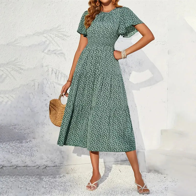 Spring Summer Tierred Dress Women Midi Dresses Female Short Sleeve Elastic Waist Printed Floral Pleated Backless Casual Dress