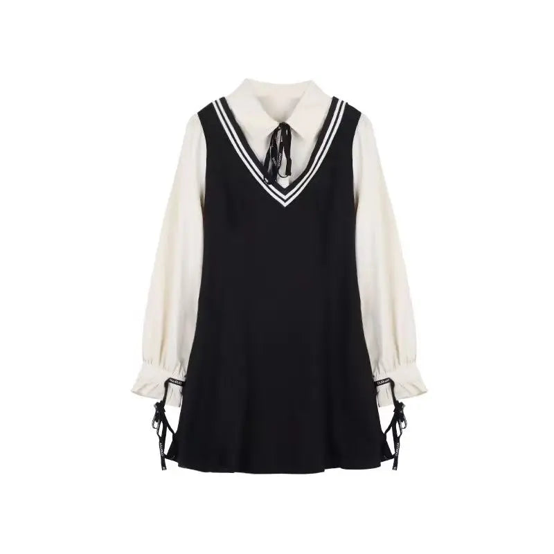Spring Summer Fashion Fake Two Pieces Dresses Women High Street Turn-down Collar Long Sleeve Dress Elegant Button Bow Vestidos
