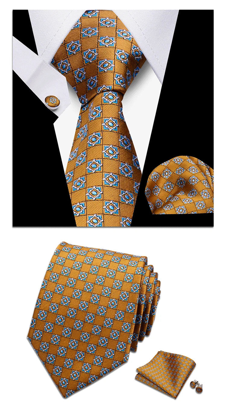 Classic Elegant Ties For Men Fashion Gifts Striped Solid Necktie Handchief Cufflink 3 Pcs Set Wedding Business Suit Accessories