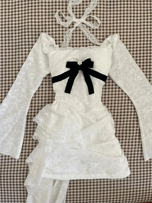 Spring Elegant Women Dress Vintage Style Long Sleeve Bow Detail Slim Fit Flared Hem Comfortable Party Dress Casual Dress 2025