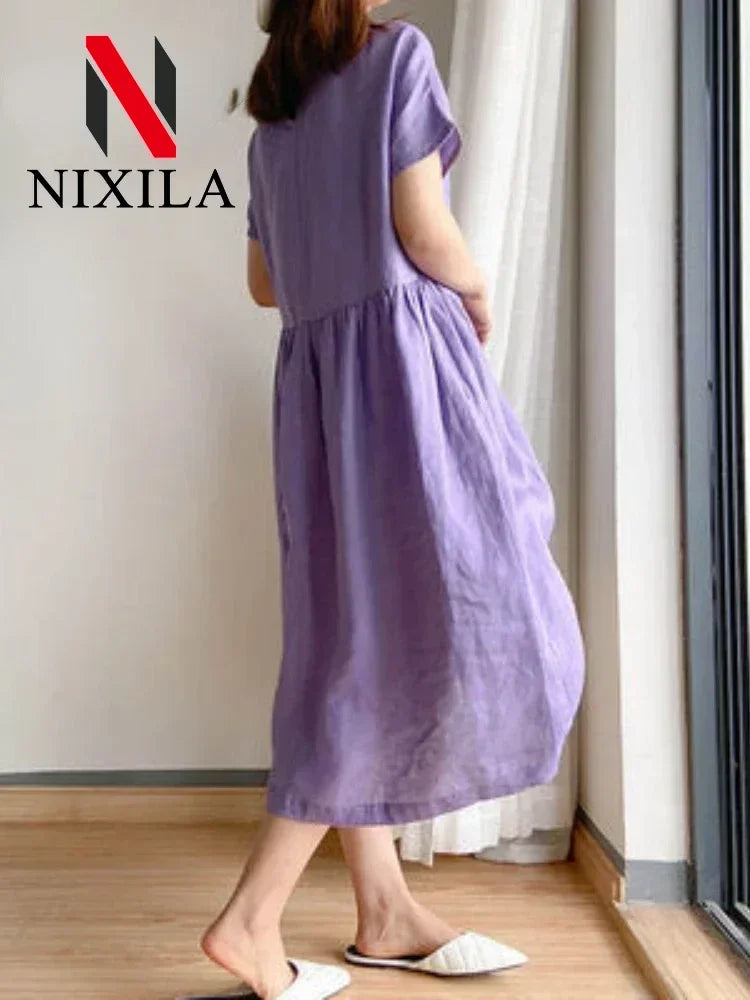New in Spring Summer Women's Dress Elegant Casual Loose Short Sleeve Tops A-LINE Oversize Solid Midi Dresses for Women Clothing
