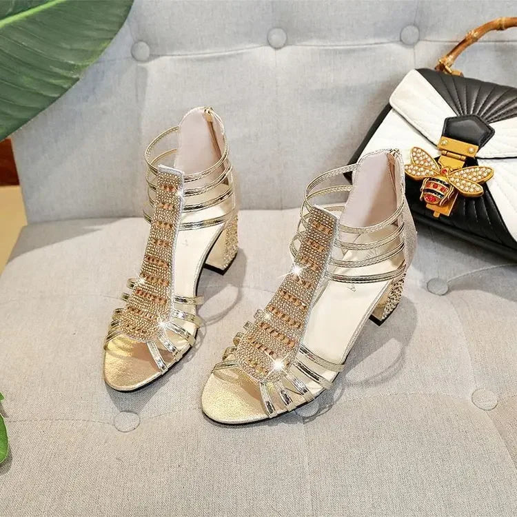 Silver Gold Sandals Peep Toe Chunky Heels New Women Wedding Shoes Ankle Boots Sandal Open Toe High Heels Dress Gold Bling Pump