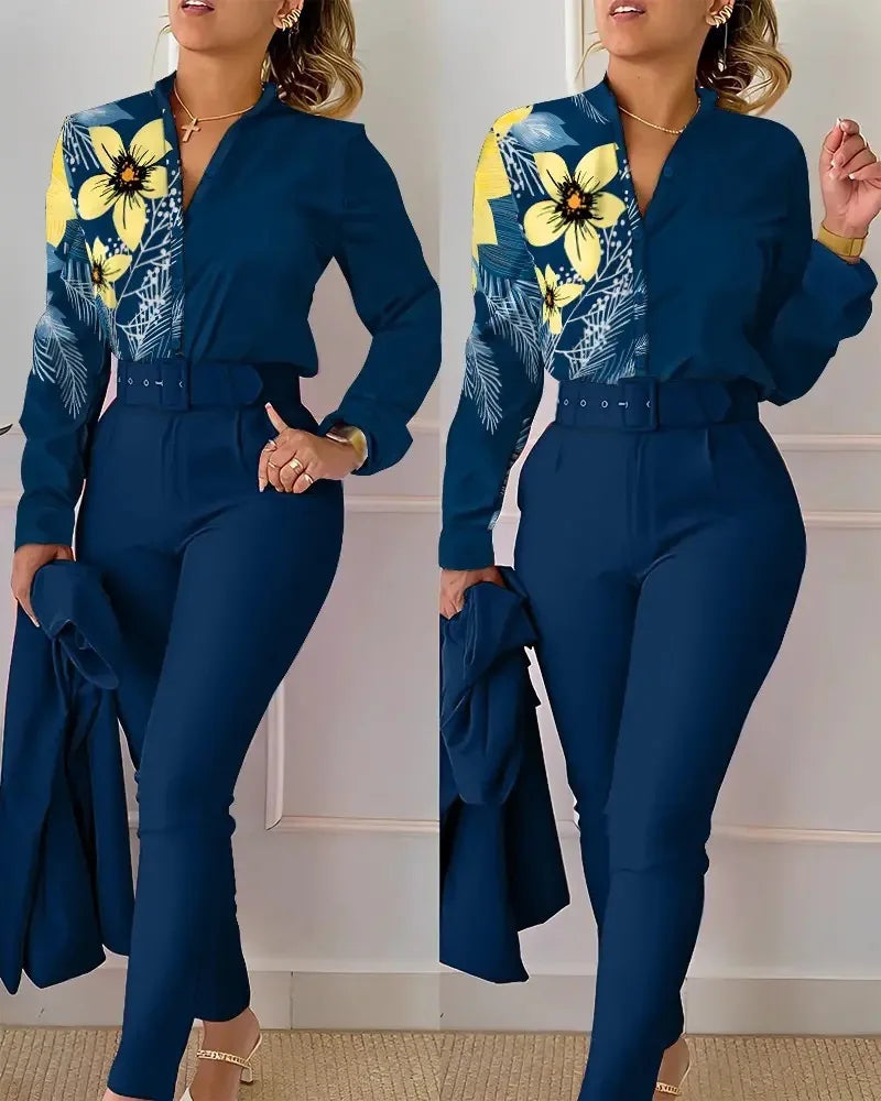 Women's Elegant Autumn/Winter Printed V-Neck Long Sleeve Button Shirt Top Fashion Solid Color Long Pants 2 Piece Set With Belt