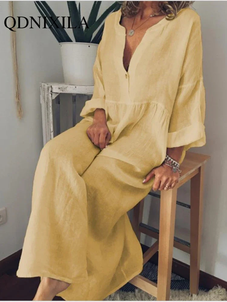 New in Spring Elegant Long Dresses for Women Long Sleeved V-neck Fashion Summer Dresses 2024 Loose Retro Female Clothing Robe