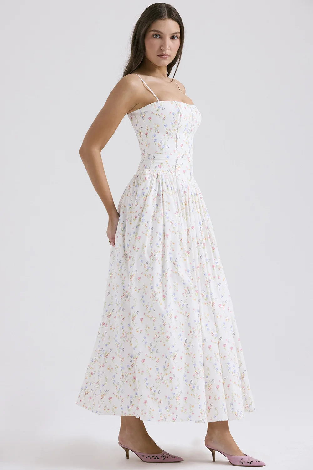 Spring Floral Print Chiffon Holiday Beach Dress Women Sexy V Neck Backless Sling Long Dress Summer Sleeveless Pleated Maxi Dress