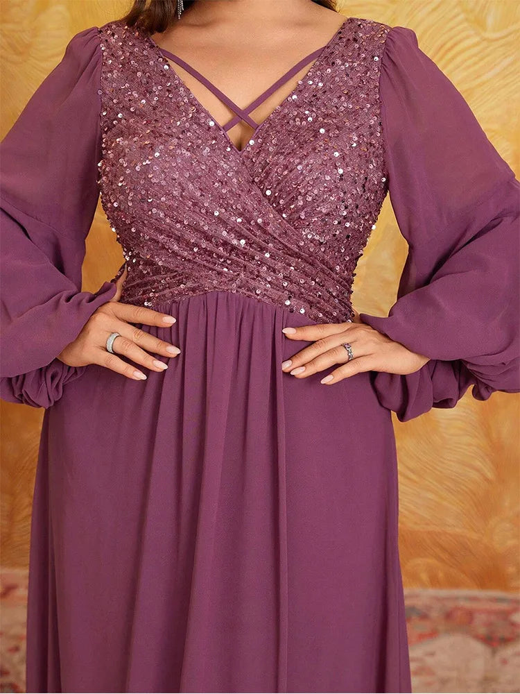 Plus size pink sequined long-sleeved sequined floor-length chiffon evening dress Big Size luxury sparkling banquet Prom Gown