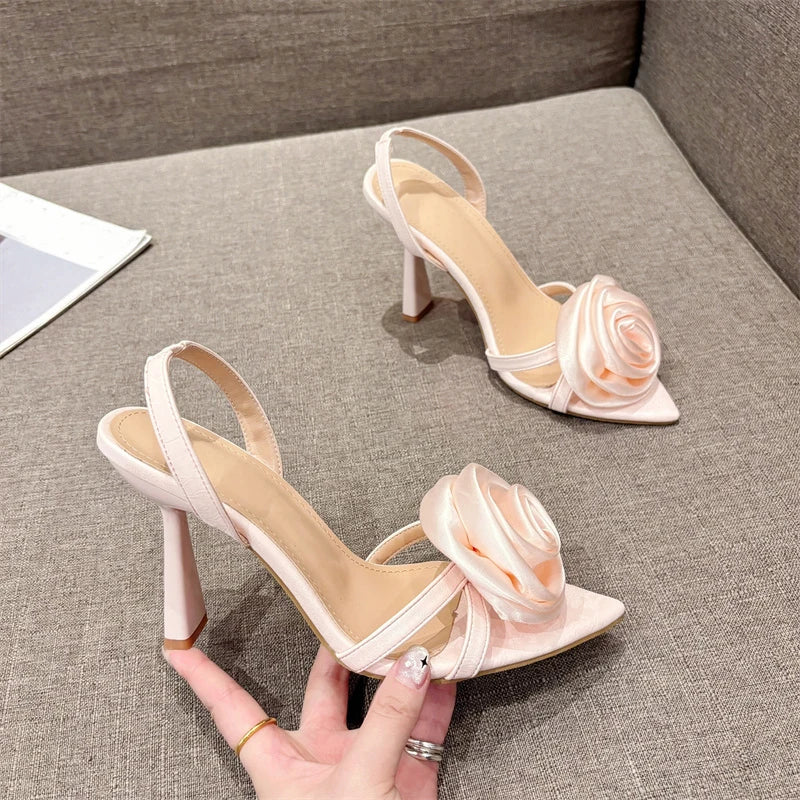 Liyke Summer Fashion Silk Rose Flowers Pointed Open Toe Back Strap Sandals Women Red High Heels Wedding Prom Shoes Zapatos Mujer