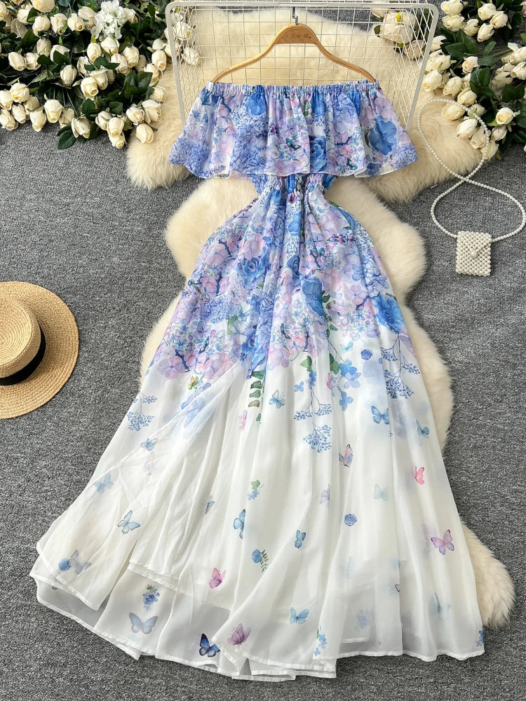 Summer French Floral Chiffon Dress Women Off Shoulder Slim High Quality Sheer Elastic Spring Vacation Print Ruffles Long Dresses