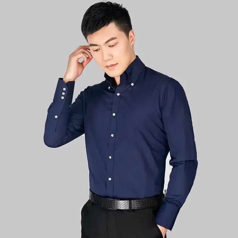 Men's Dress Shirt Autumn Spring Long Sleeve Business Blue Casual Shirts Female Coat Slim-fit Non-ironing Solid Color Black