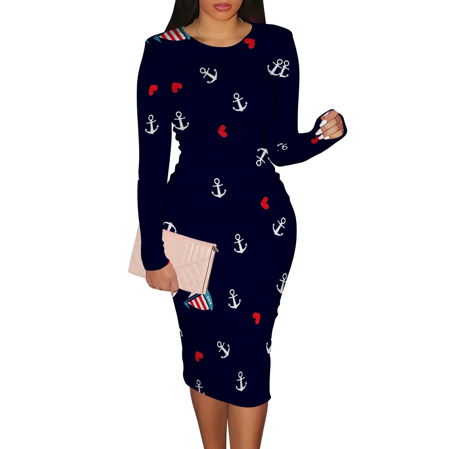 Women's Spring Casual Dress Sexy Slim Pleated Long Sleeve Crew Neck Midi Dress Fashion Out Party Pencil Skirt