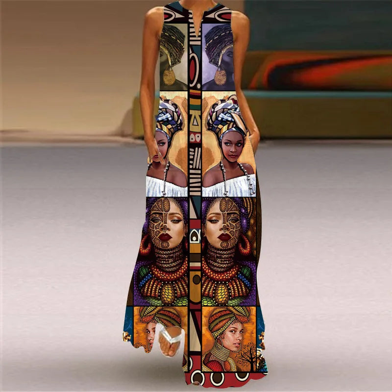 New African Women's Long Dresses Spring/Summer Fashion Bohemian Beach Party Sleeveless Party Elegant Sexy Long Vestidos S-3XL