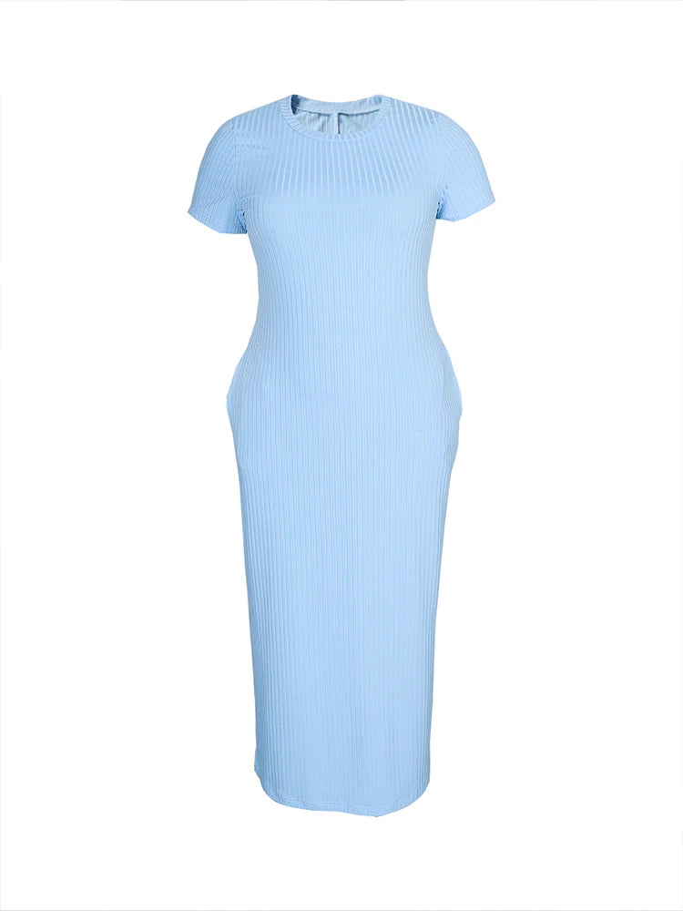 Plus Size 2024 Summer New Round Neck Short Sleeve Slim Hottie Ladies' Stylish Summer Solid Versatile Bodycon Dress