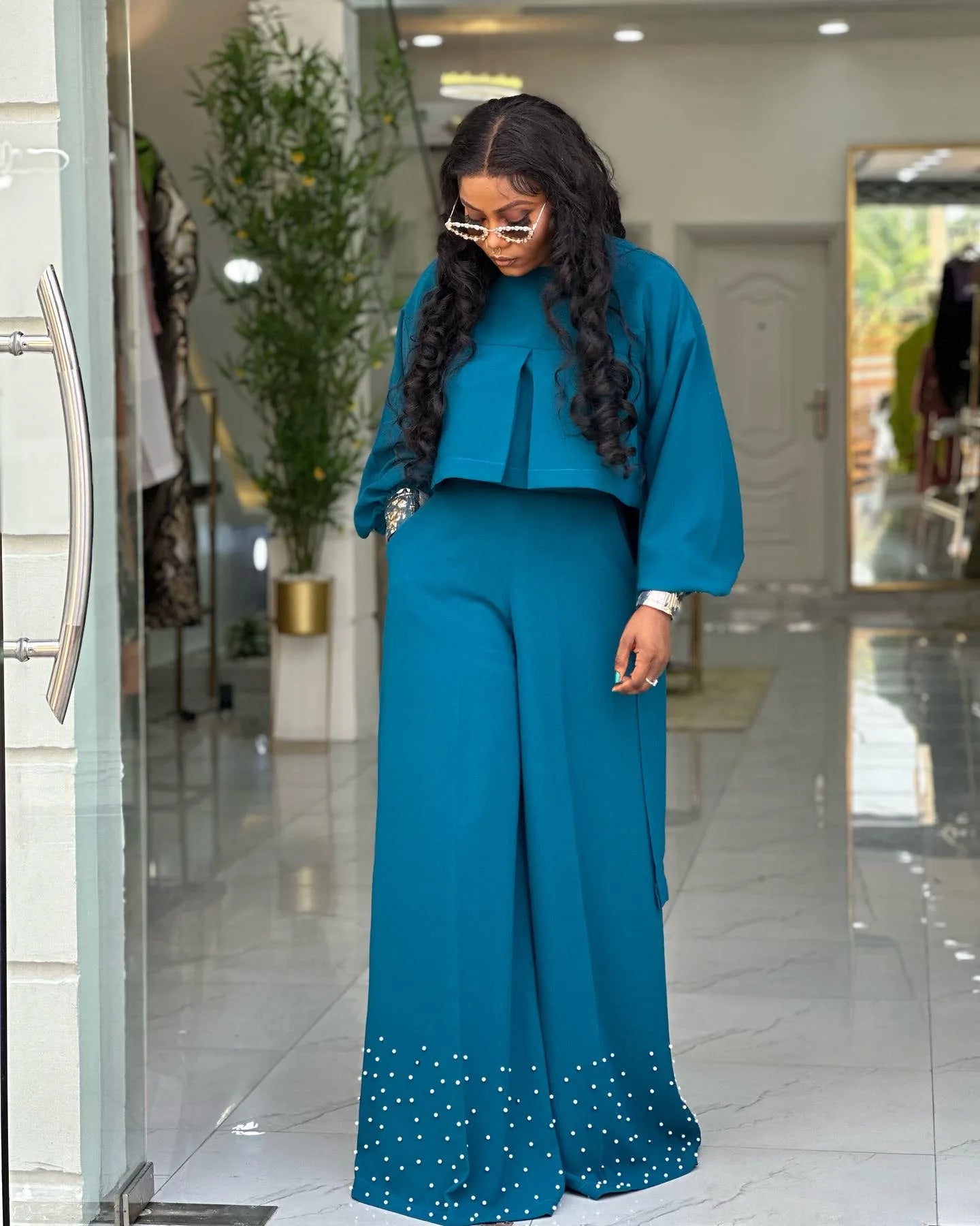 CM.YAYA Women's Set Long Sleeve High Low Maxi Blouse and Pearl Beading Wide Leg Pants 2025 Two 2 Piece Sets Outfits Tracksuit