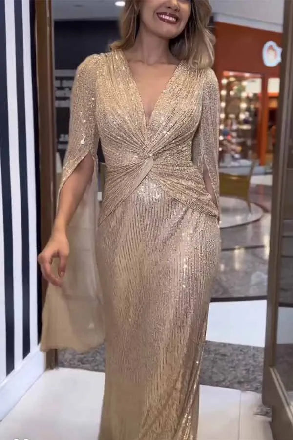 Autumn Winter Luxurious Sexy Sequins Cocktail Party Dress Prom Gown Cloak Sleeve V Neck Folds Corset Evening Floor Length Dress