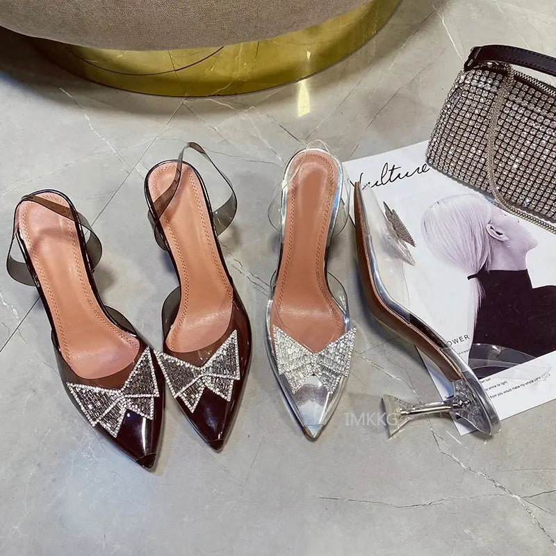 PVC Rhinestone Butterfly Women Sandals High Heels 2021 New Pointy Party Bride Shoes Clear Deisgner Pumps Zapatilla Mujer