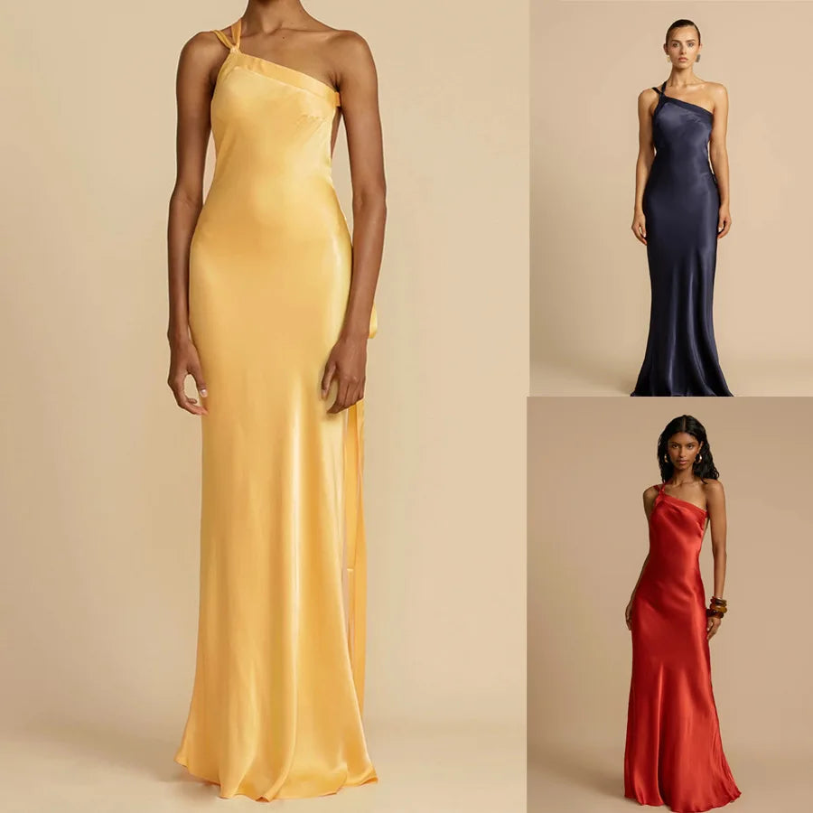 Spring Summer Slim Off Shoulder Evening Dresses Women Solid Color Slant Collar Backless Package Hip Bodycon Party Dress Female