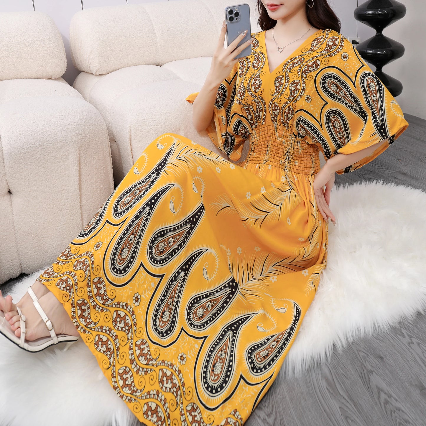 Spring New In Women's Dress V-Neck Short Sleeve Dress Elegant Sweet Print Dress Casual Retro Boho Elastic Waist A-Line Dress