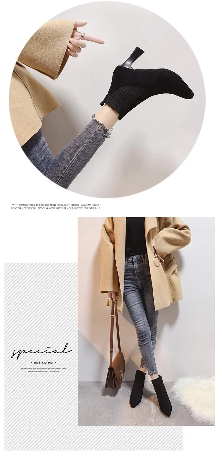 Ankle Boots Women 2024 Autumn Pointed Toe Knitted Warm Elastic Women's Shoes Casual High Heels Platform Boots Botas De Mujer