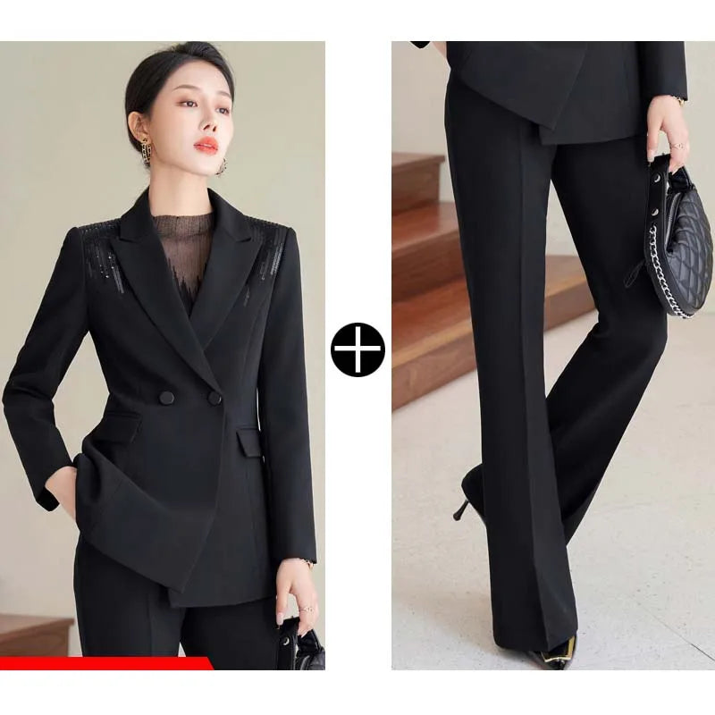 Yitimuceng Solid Office Wear Women 2 Piece Sets 2025 New Fashion Sequins Long Sleeve Blazers Chic High Waist Flare Pants Suits