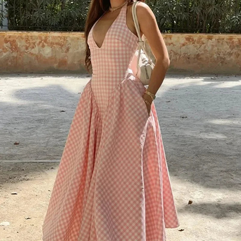 Women's Long Dress Spring Summer 2025 Elegant Hanging Neck V-neck Cinched Waist French Pink Dress Rock Damen Vestido Robe Femme