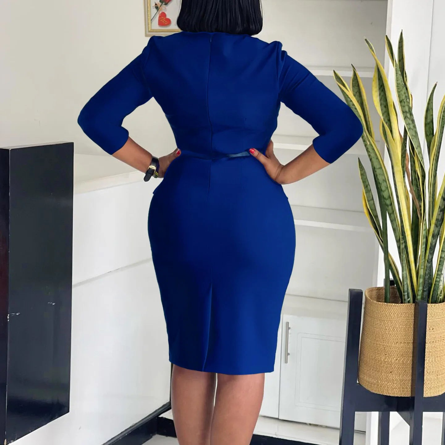 L-3XL Plus Size Elegant Midi Dress 2025 Spring Summer Women Office Lady Dress Casual 3/4 Sleeve Bandage Robe Oversize Dress