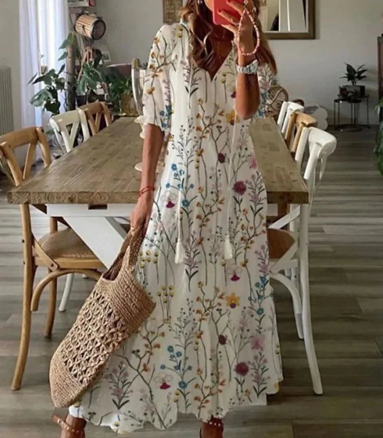 New Women's Spring Summer Dress Sexy V-neck Drawstring Printed Long-sleeved Dress Casual Loose Fashion Elegant Fresh Sweet Dress