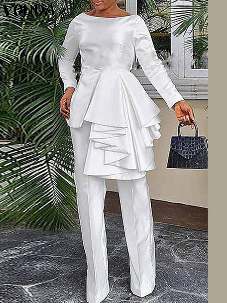 Plus Size VONDA 2024 Women Ruffled Sets Fashion Solid Color Suits Long Sleeve Irregular Top Patchwork Fitting Outfits 2pcs