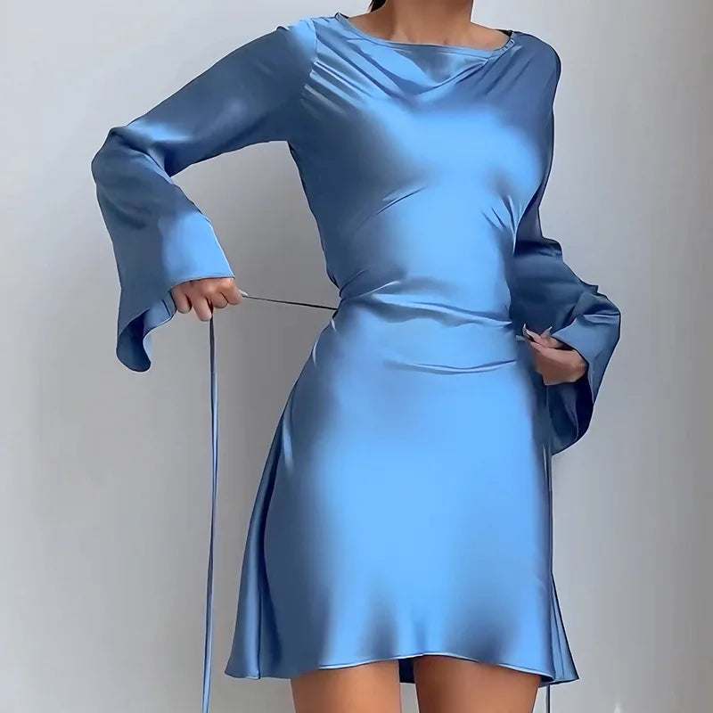 Satin Dress for Women Fashion Vintage Streetwear Dresses Solid Slim Long Sleeve Lace Up Mini Autumn Winter Dresses