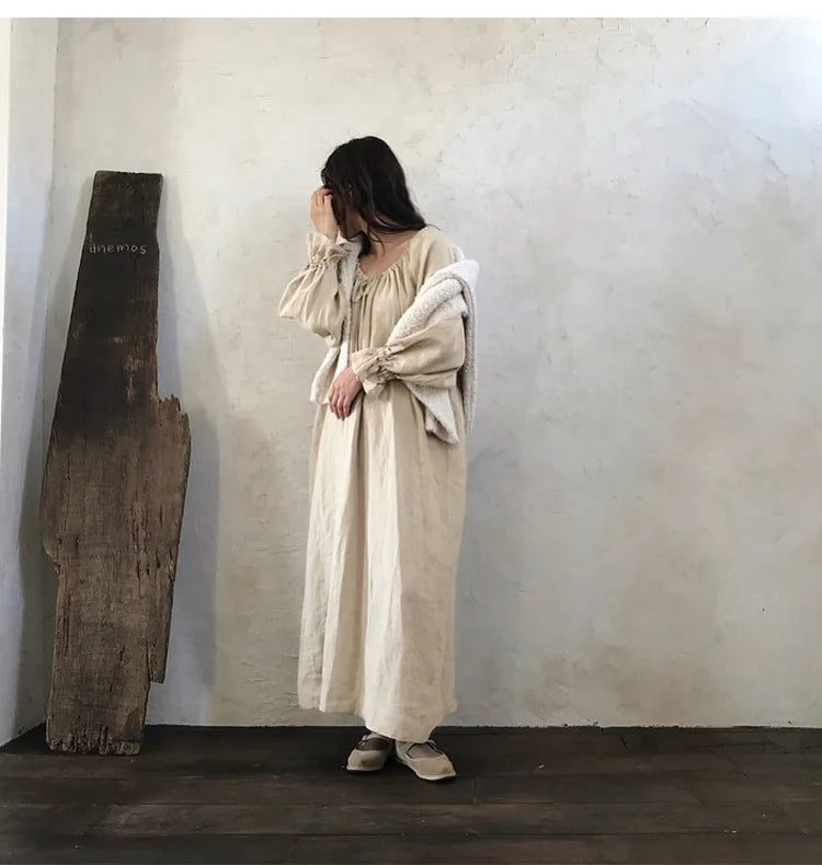 2025 New Spring Cotton Linen Dress for Women Solid Long Sleeve Drawstring Office Lady Elegant Maxi Dress