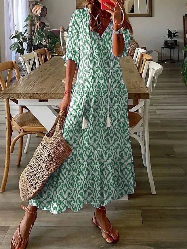 New Women's Spring Summer Dress Sexy V-neck Drawstring Printed Long-sleeved Dress Casual Loose Fashion Elegant Fresh Sweet Dress