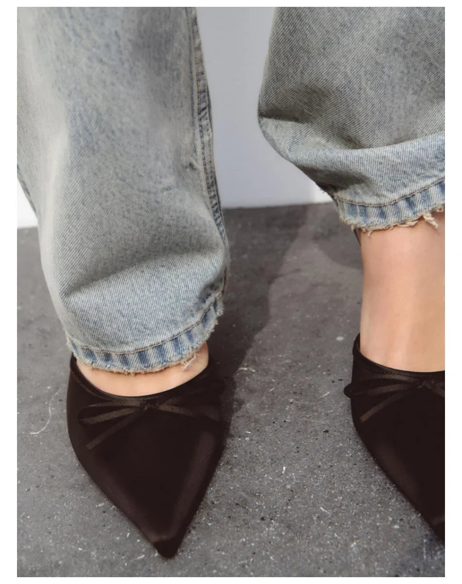 Bow High Heels Slippers Women Pointed Toe Mules Shoes Sexy 2025 Summer Dress Party Stilettos Sandals Woman Slides Trend Pumps