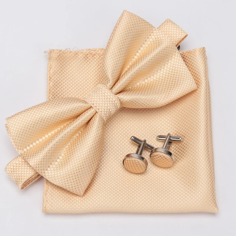 Multicolor Bowtie Pocket Square Cufflinks Sets Classic Solid Color Bowtie Wedding Party Formal Gift Plaids Adjust Neck Bow Tie