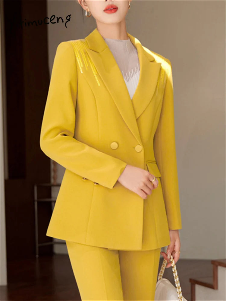 Yitimuceng Solid Office Wear Women 2 Piece Sets 2025 New Fashion Sequins Long Sleeve Blazers Chic High Waist Flare Pants Suits