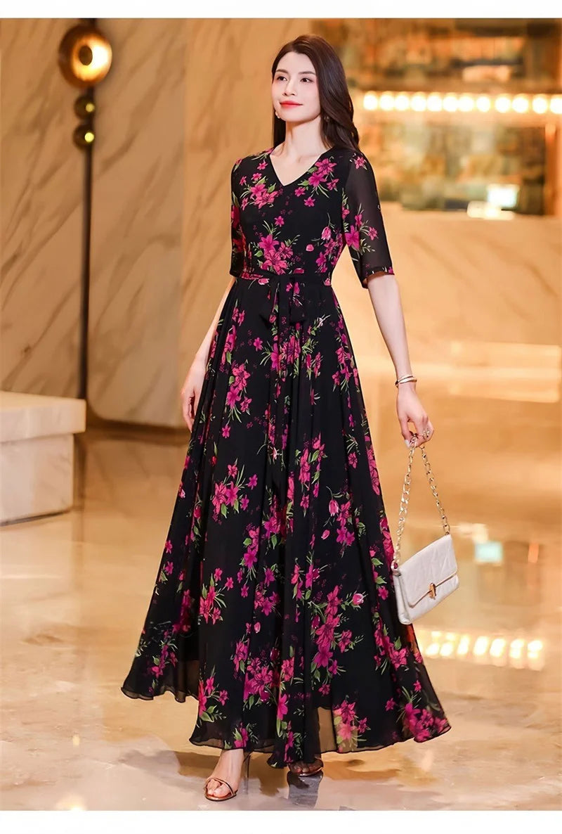 Womens Dresses Fashion Summer Dresses 2024 Summer Senior red Print Dress Long Loose Temperament Waist Loose Big Swing Dress